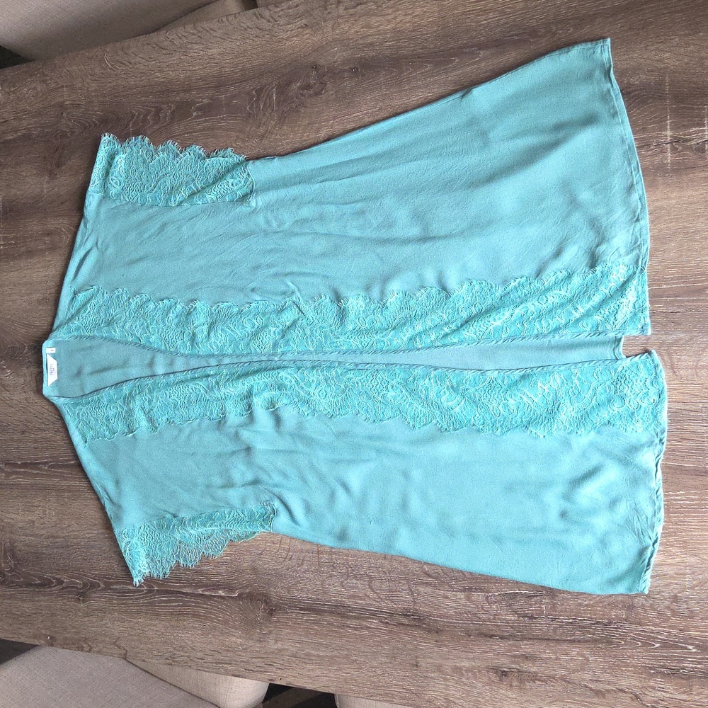 FRETTE Vestaglia Aqua Teal Eyelash Lace Trim Dressing Gown Kimono Cardigan Small - Picture 8 of 10